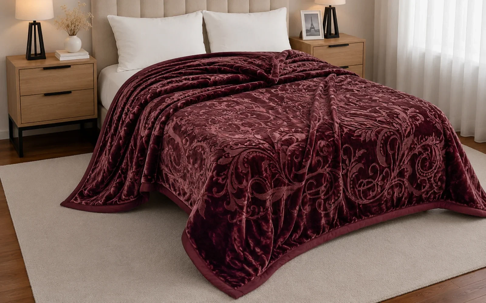 Al Saad Home Flannel Embossed Blanket 2 ply - King Burgandy