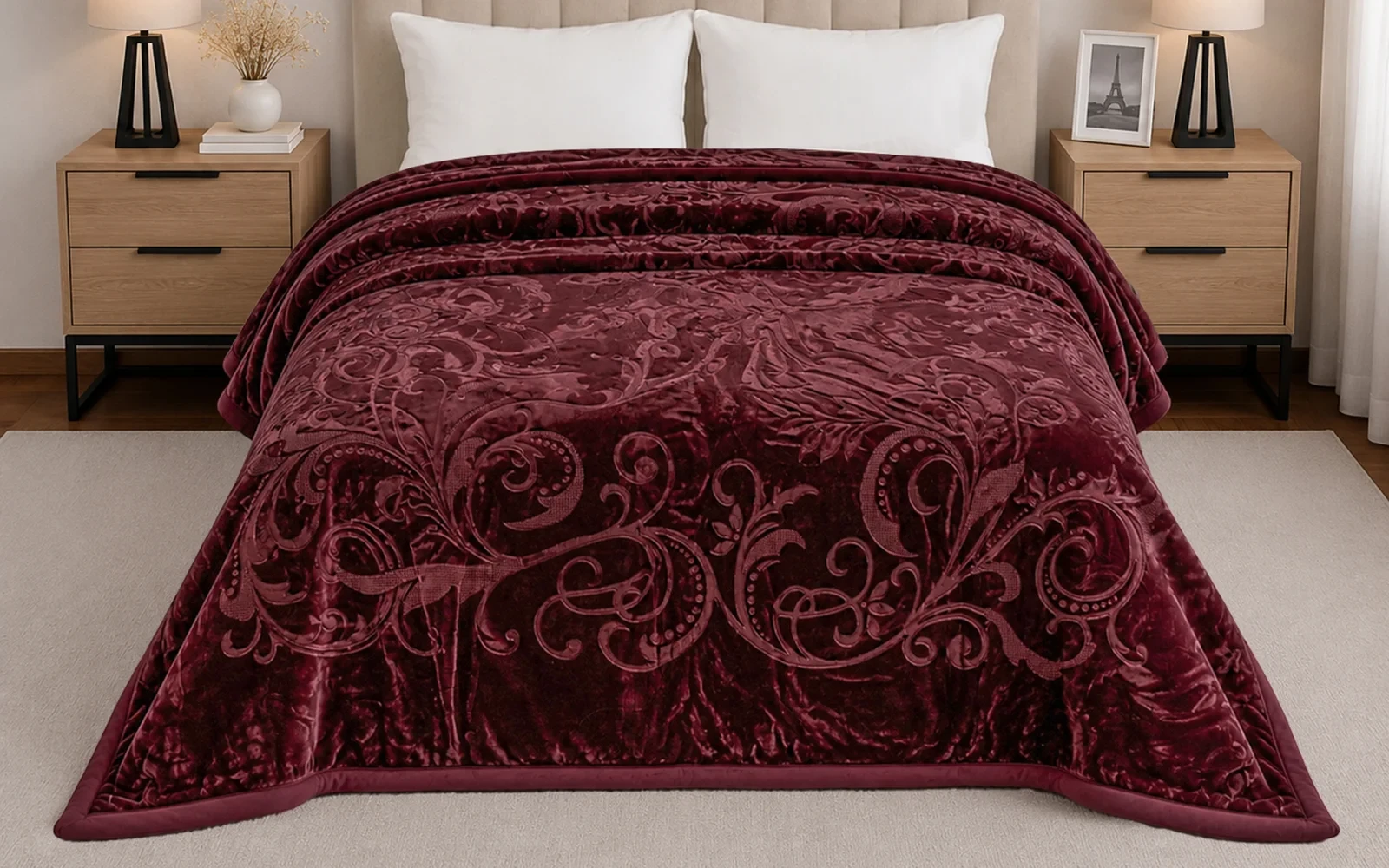 Al Saad Home Flannel Embossed Blanket 2 ply - King Burgandy