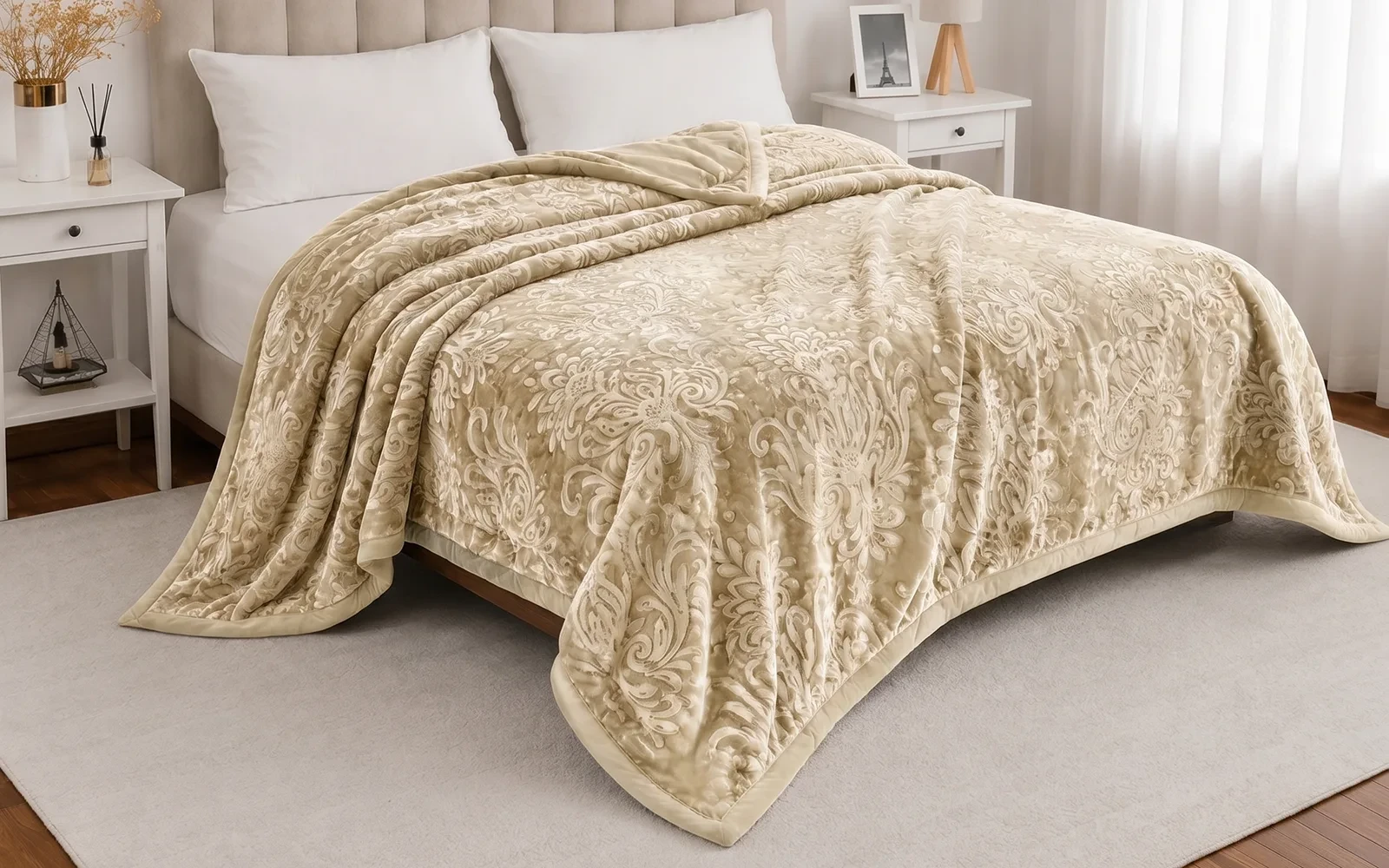 Al Saad Home Flannel Embossed Blanket 2 ply - King Beige