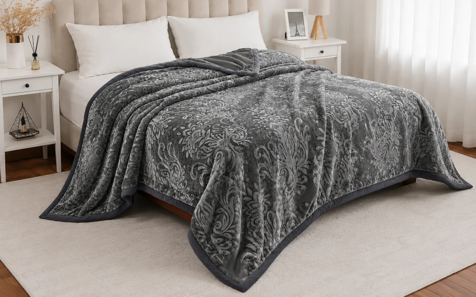 Al Saad Home Flannel Embossed Blanket 2 ply - King D.Grey