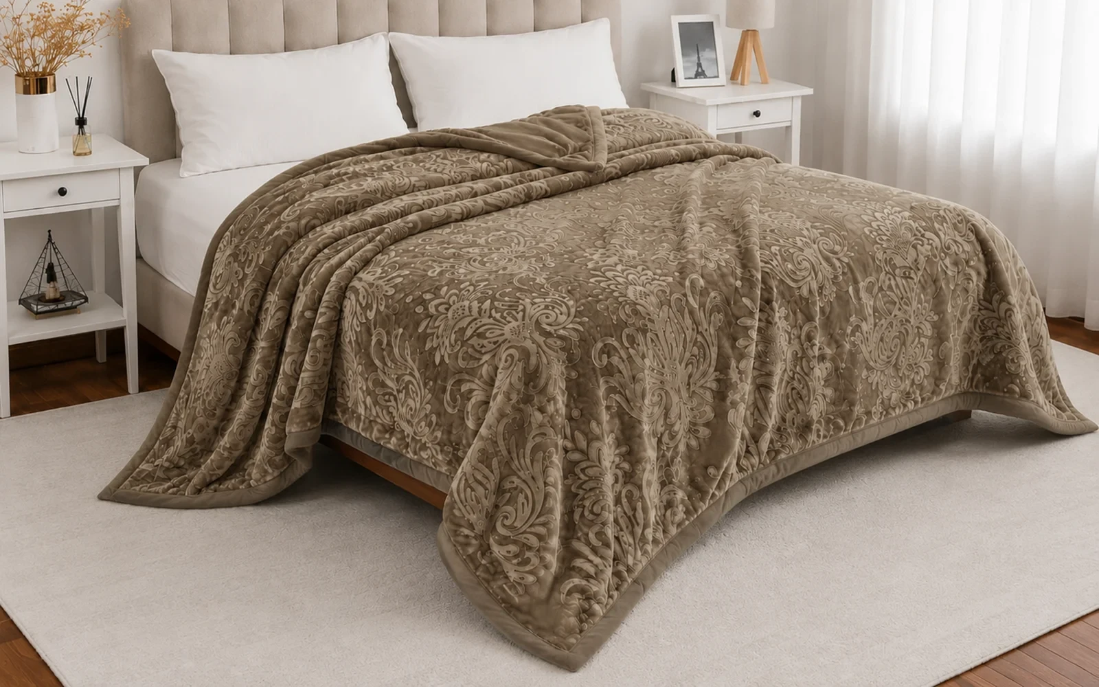 Al Saad Home Flannel Embossed Blanket 2 ply - King D.Beige