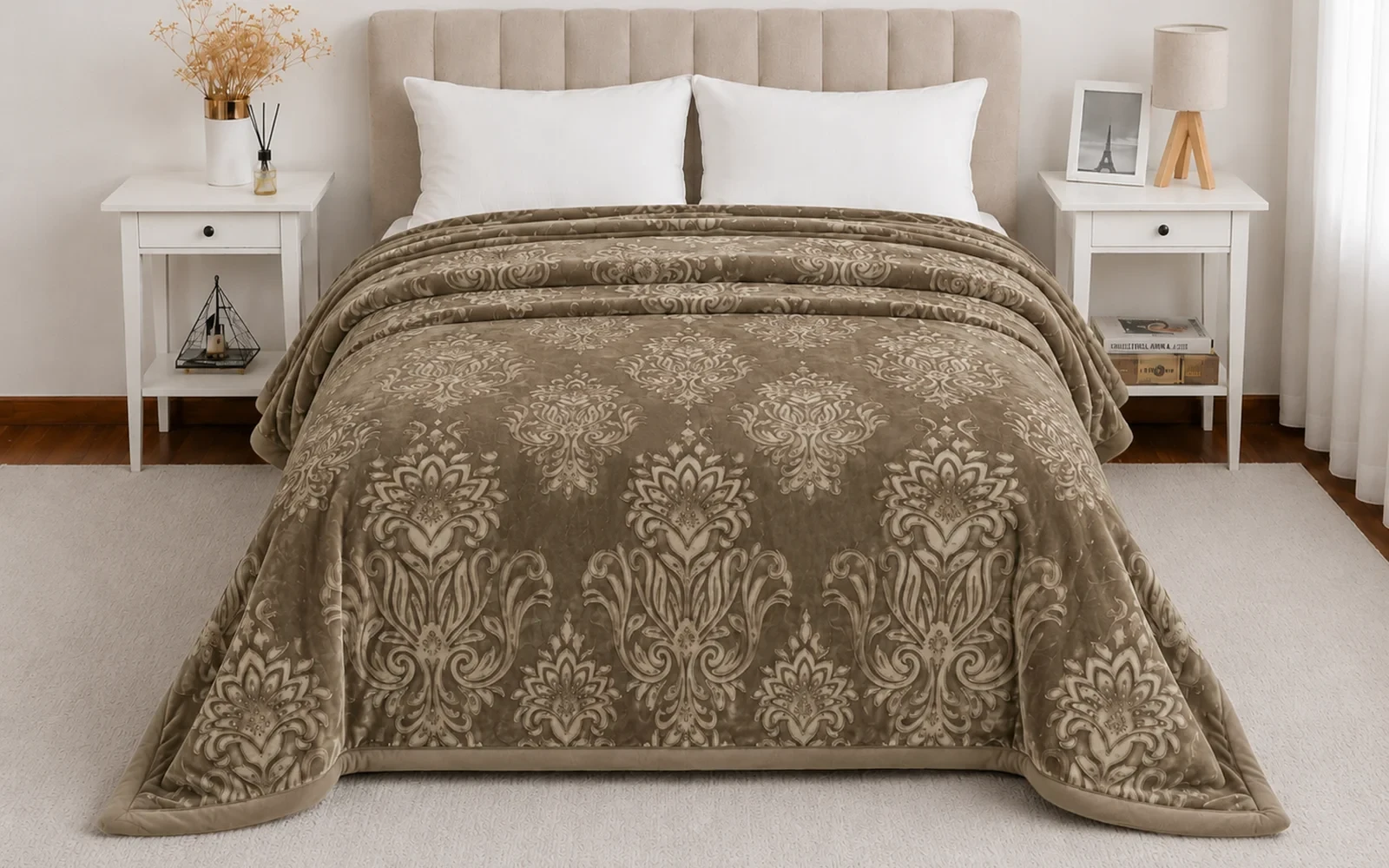 Al Saad Home Flannel Embossed Blanket 2 ply - King D.Beige