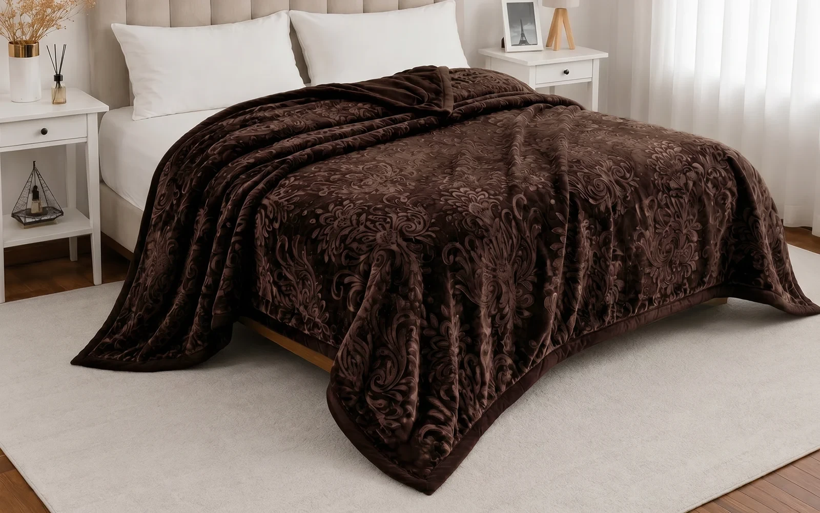 Al Saad Home Flannel Embossed Blanket 2 ply - King Brown