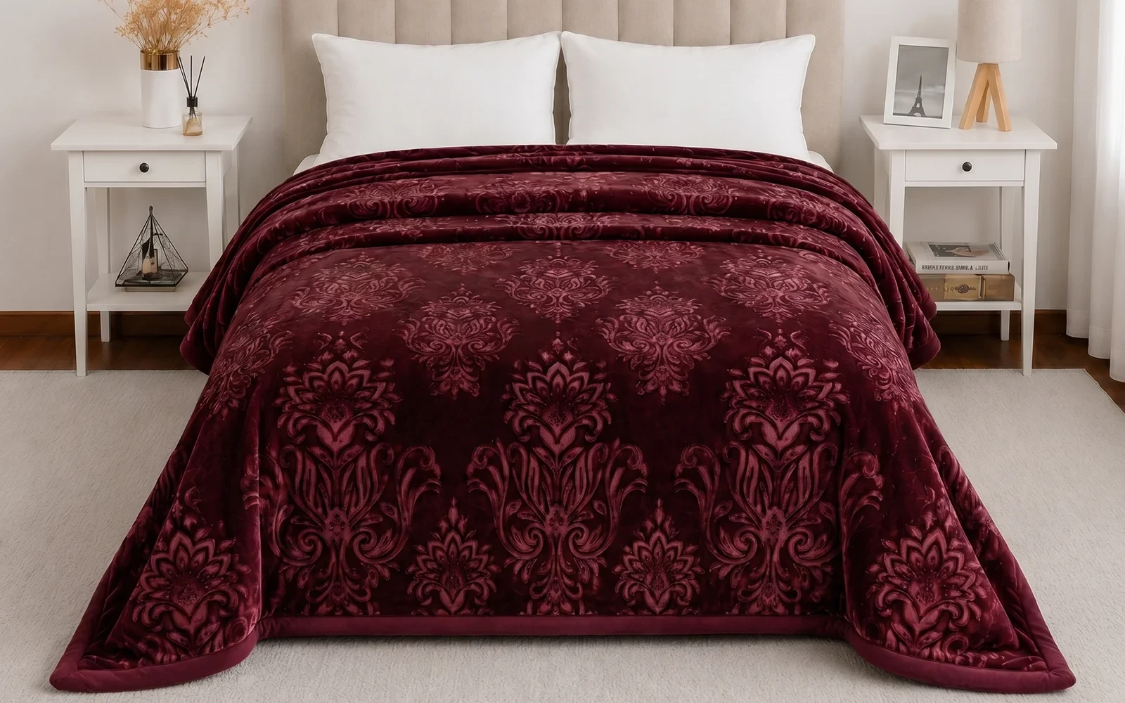 Al Saad Home Flannel Embossed Blanket 2 ply - King Burgandy