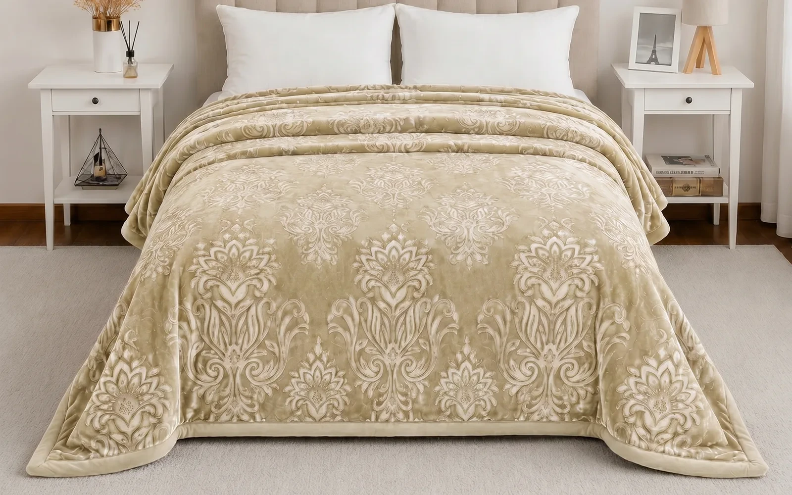 Al Saad Home Flannel Embossed Blanket 2 ply - Single Beige
