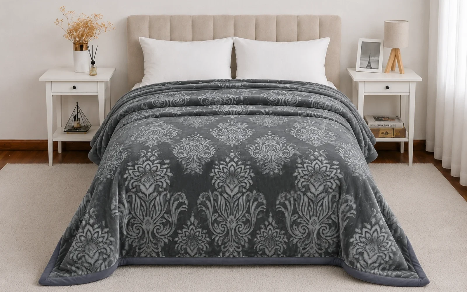Al Saad Home Flannel Embossed Blanket 2 ply - Single D.Grey