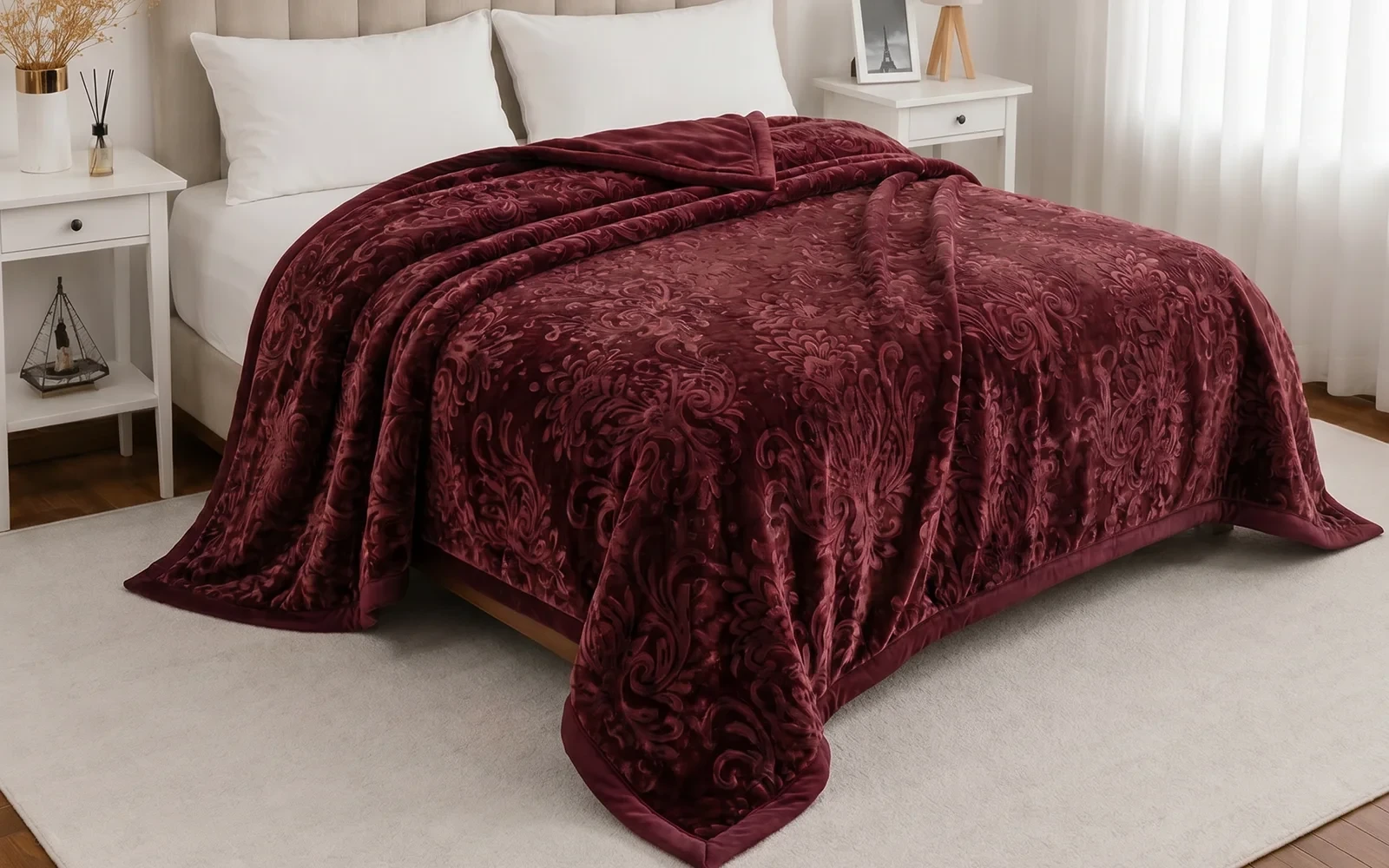 Al Saad Home Flannel Embossed Blanket 2 ply - Single Burgandy