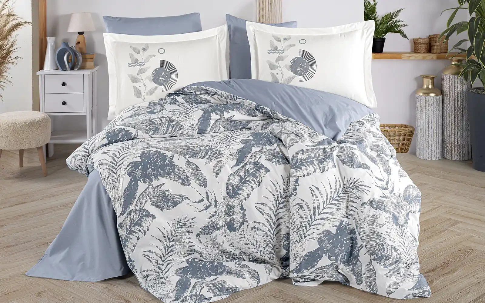 Al Saad Home Turkey Cotton Printed Comforter Bedding Set 6 PCS - King White & Blue