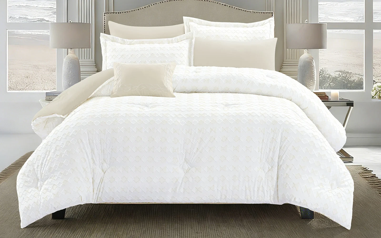Damask Comforter Bedding Set 7 PCS - King White & L.Beige