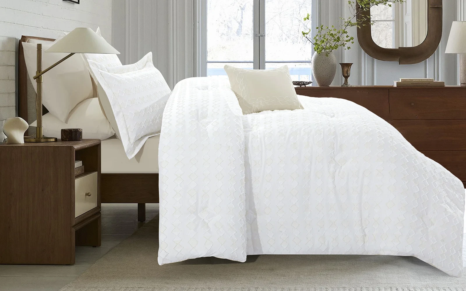 Damask Comforter Bedding Set 7 PCS - King White & L.Beige