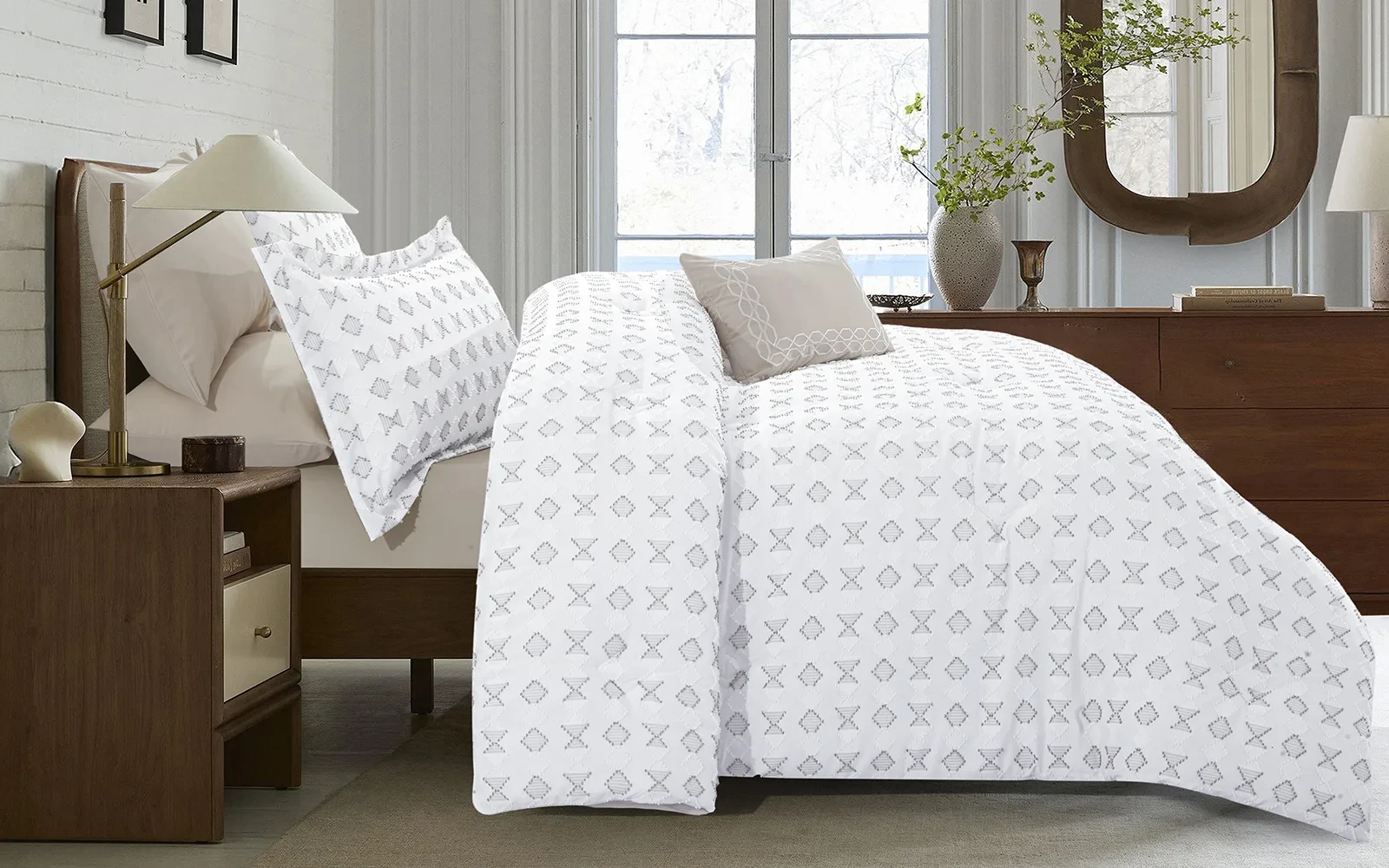 Damask Comforter Bedding Set 7 PCS - King White & Beige