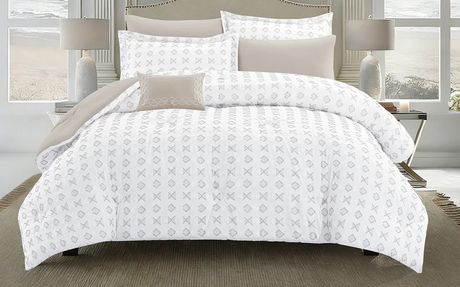 Damask Comforter Bedding Set 7 PCS - King White & Beige