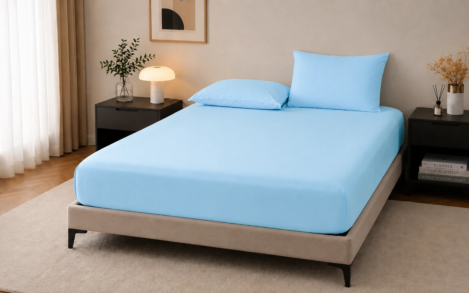 Al Saad Home Cooling Plain Bedsheet Set 3 PCS - King Sky Blue