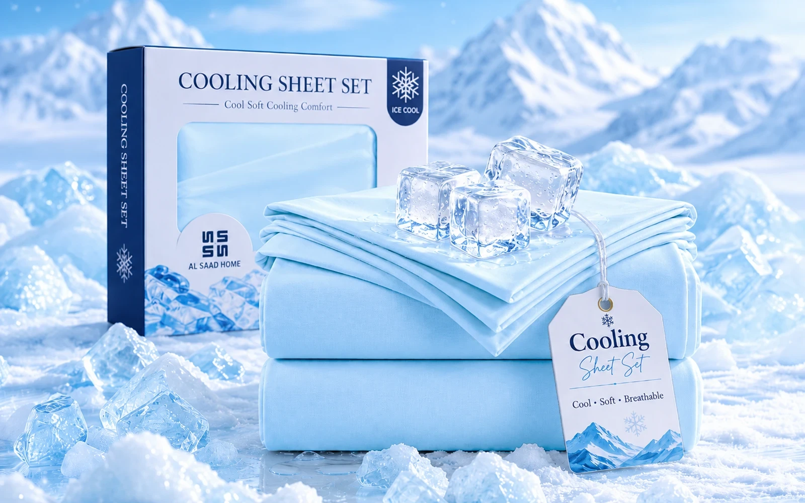 Al Saad Home Cooling Plain Bedsheet Set 3 PCS - Queen Sky Blue