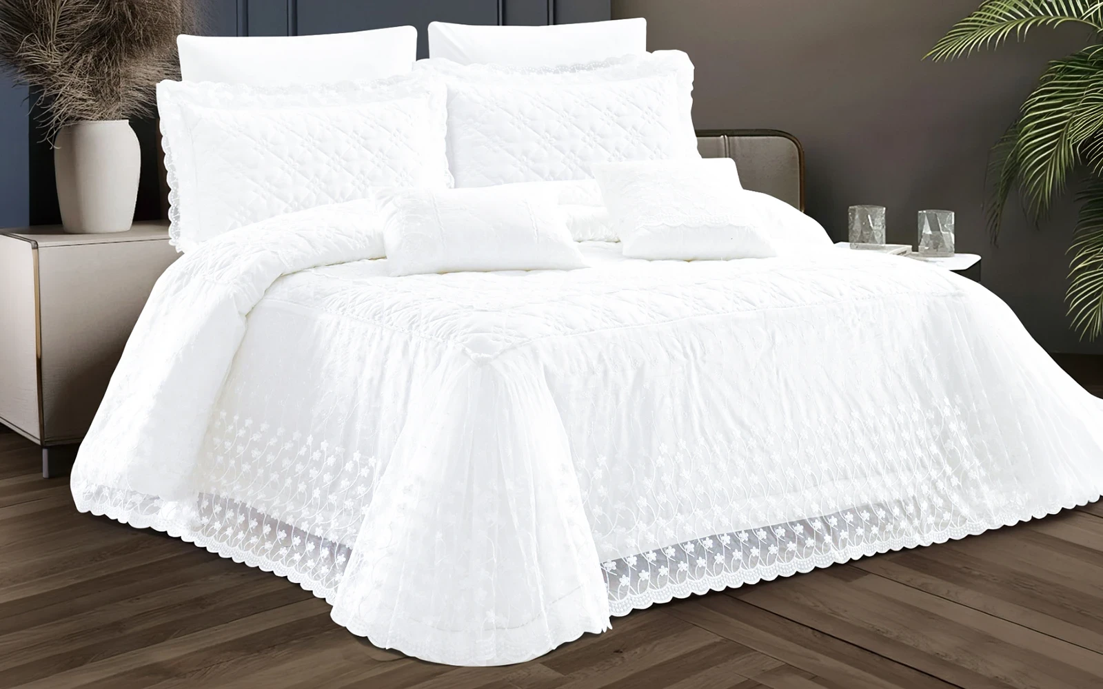 Q8 Lace Wedding Comforter Bedding Set Box 8 PCS - King Off White 