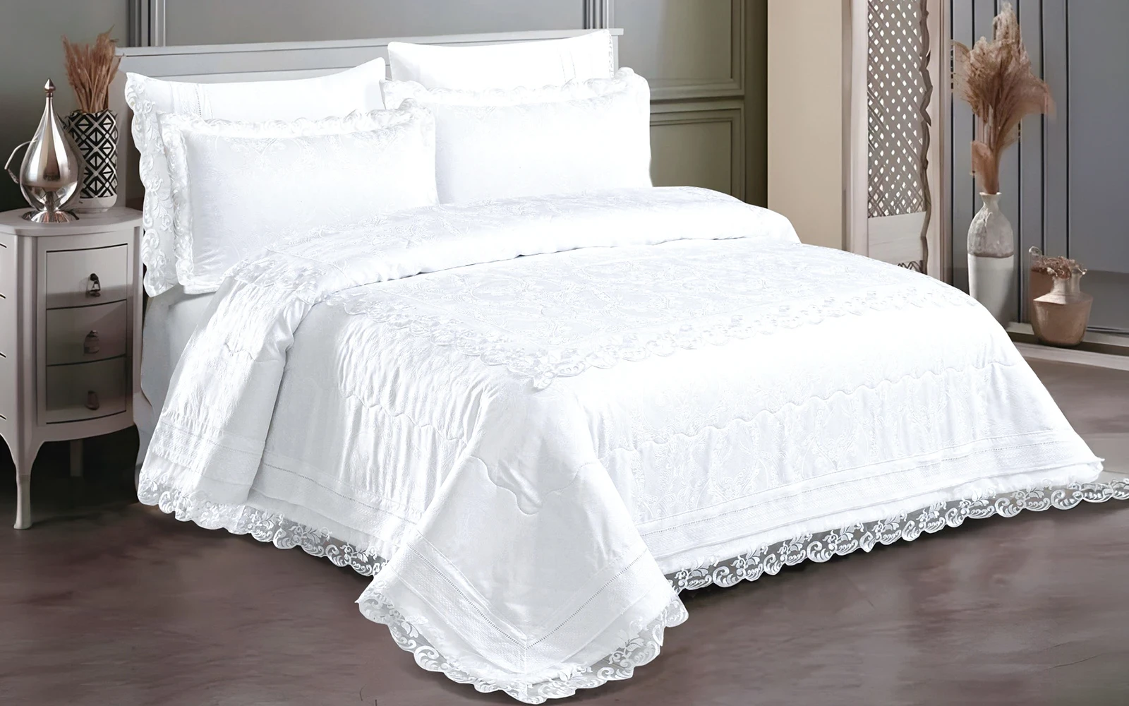 Explorer Jacquard Lace Wedding Bedspread Set Box 6 PCS - King White 