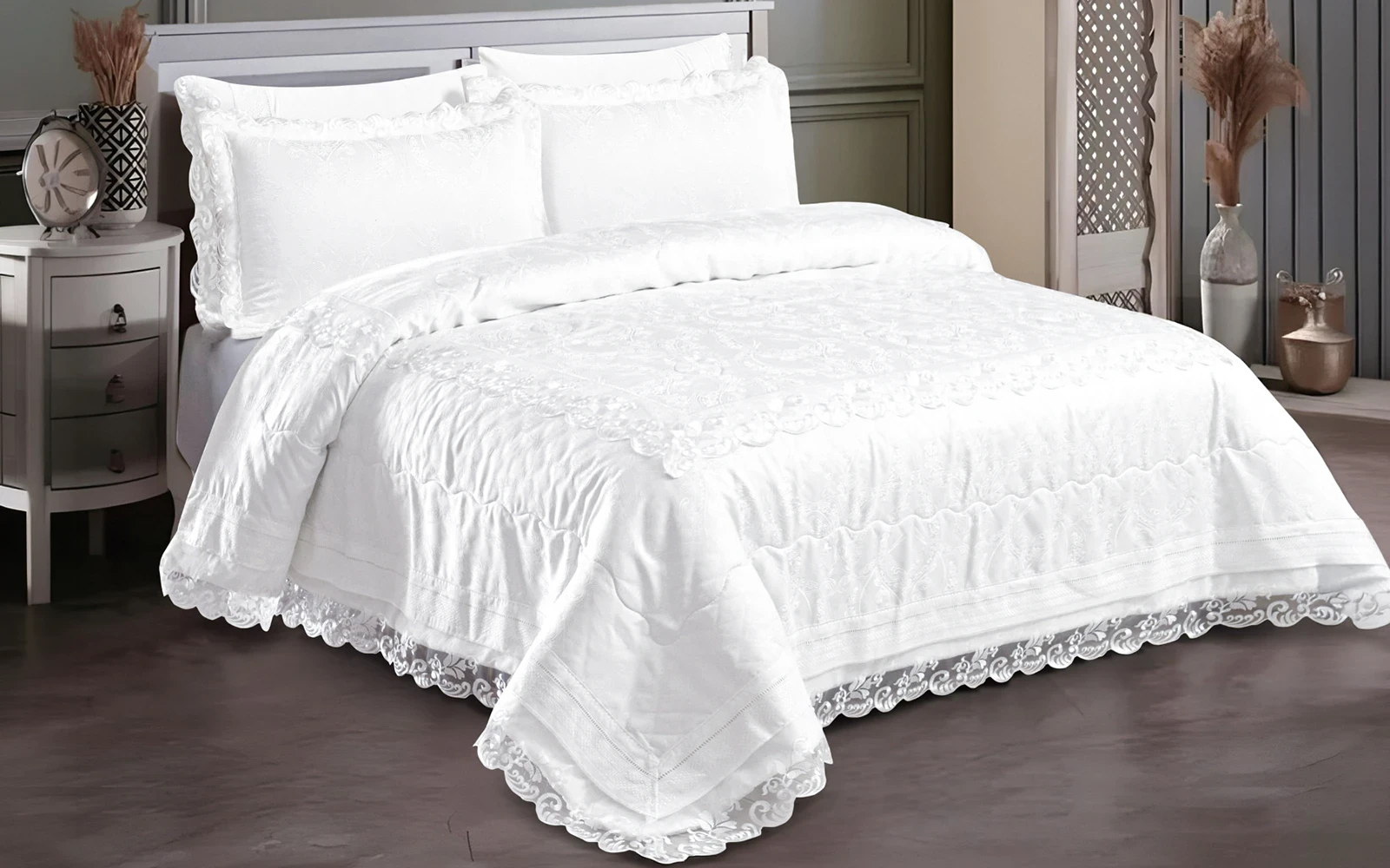 Explorer Jacquard Lace Wedding Bedspread Set Box 6 PCS - King Off White 