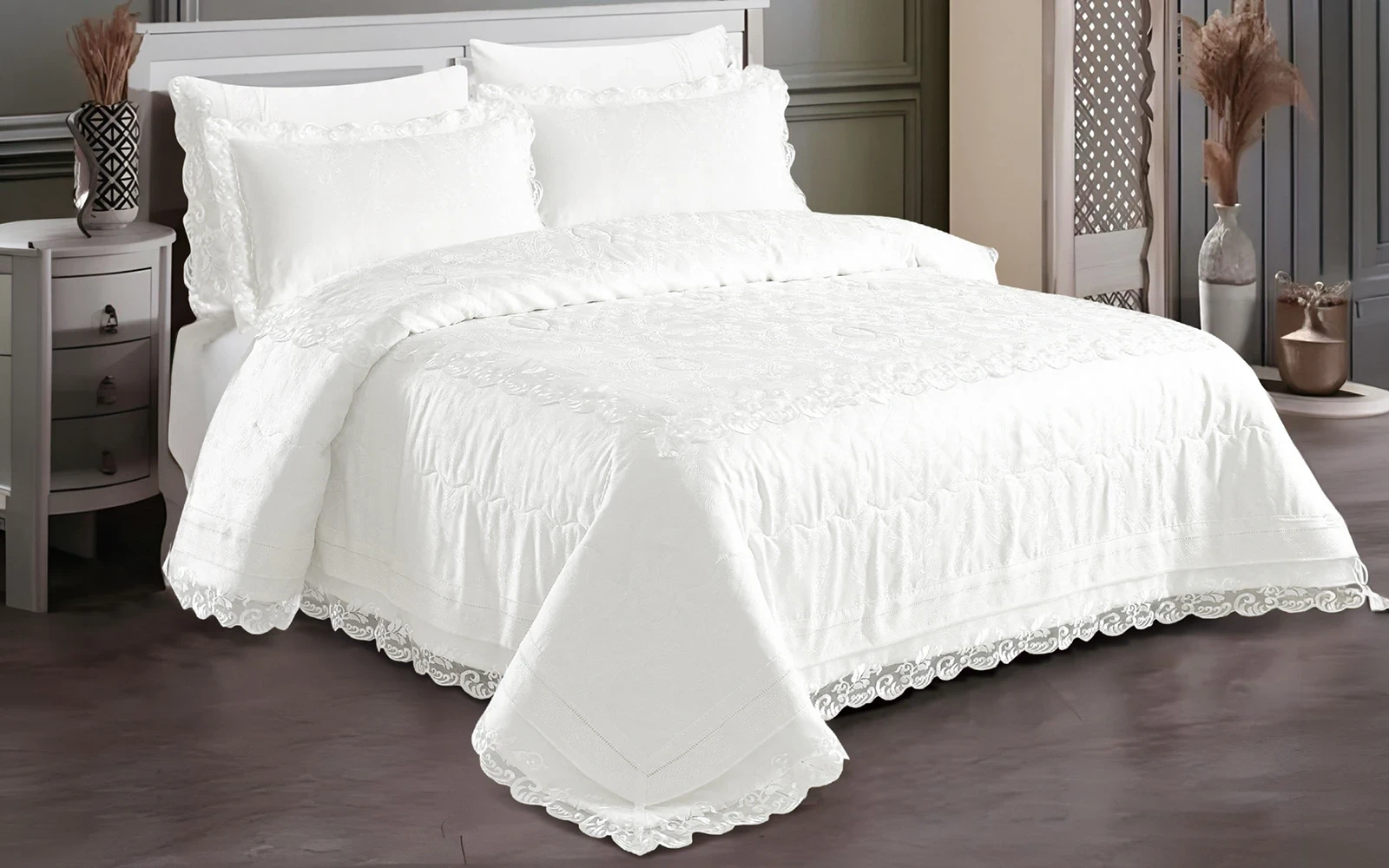 Explorer Jacquard Lace Wedding Bedspread Set Box 6 PCS - King Cream