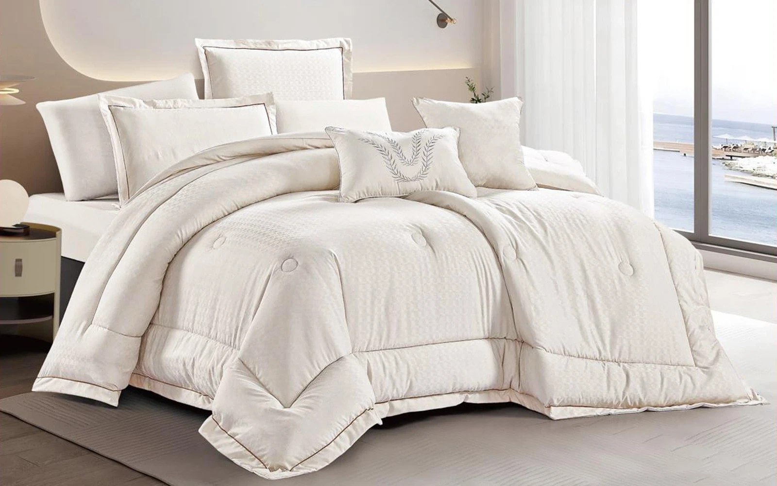 Liza Jacquard Comforter Bedding Set 8 PCS - King L.Beige