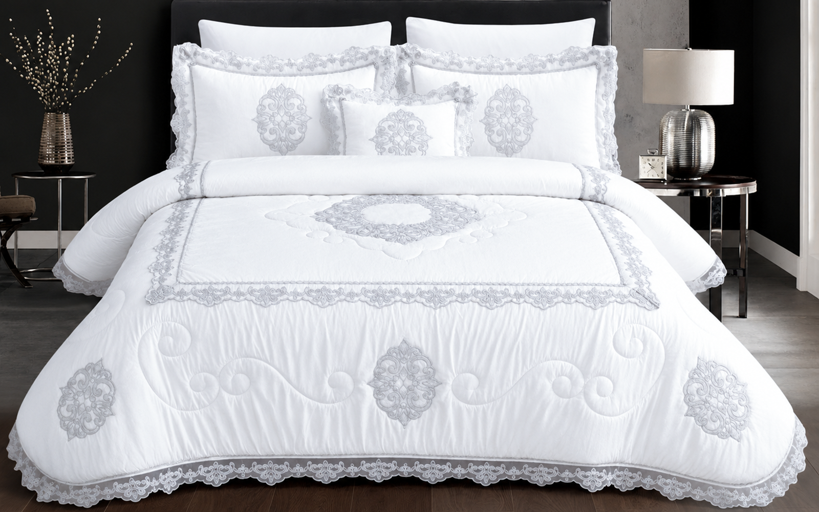 Tucson Lace Wedding Comforter Bedding Set 7 PCS - King White
