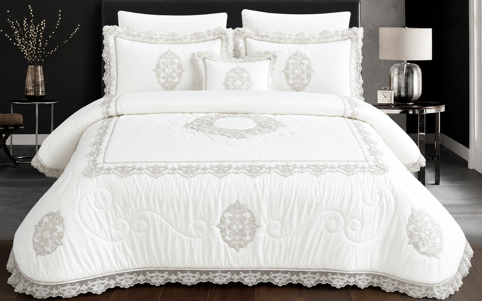 Tucson Lace Wedding Comforter Bedding Set 7 PCS - King Cream