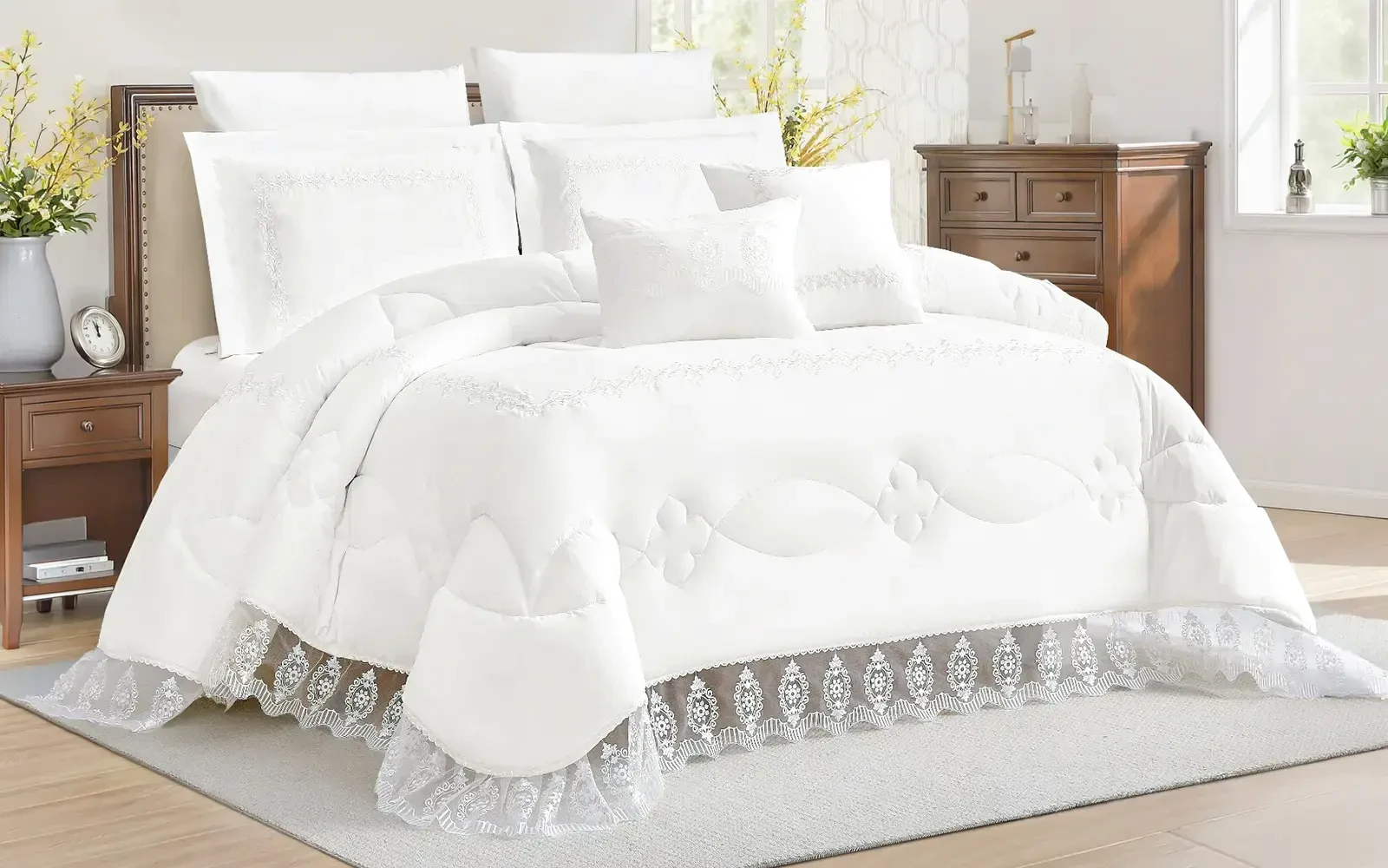 CRV Lace Embroidered Comforter Bedding Set 8 PCS - King Off White