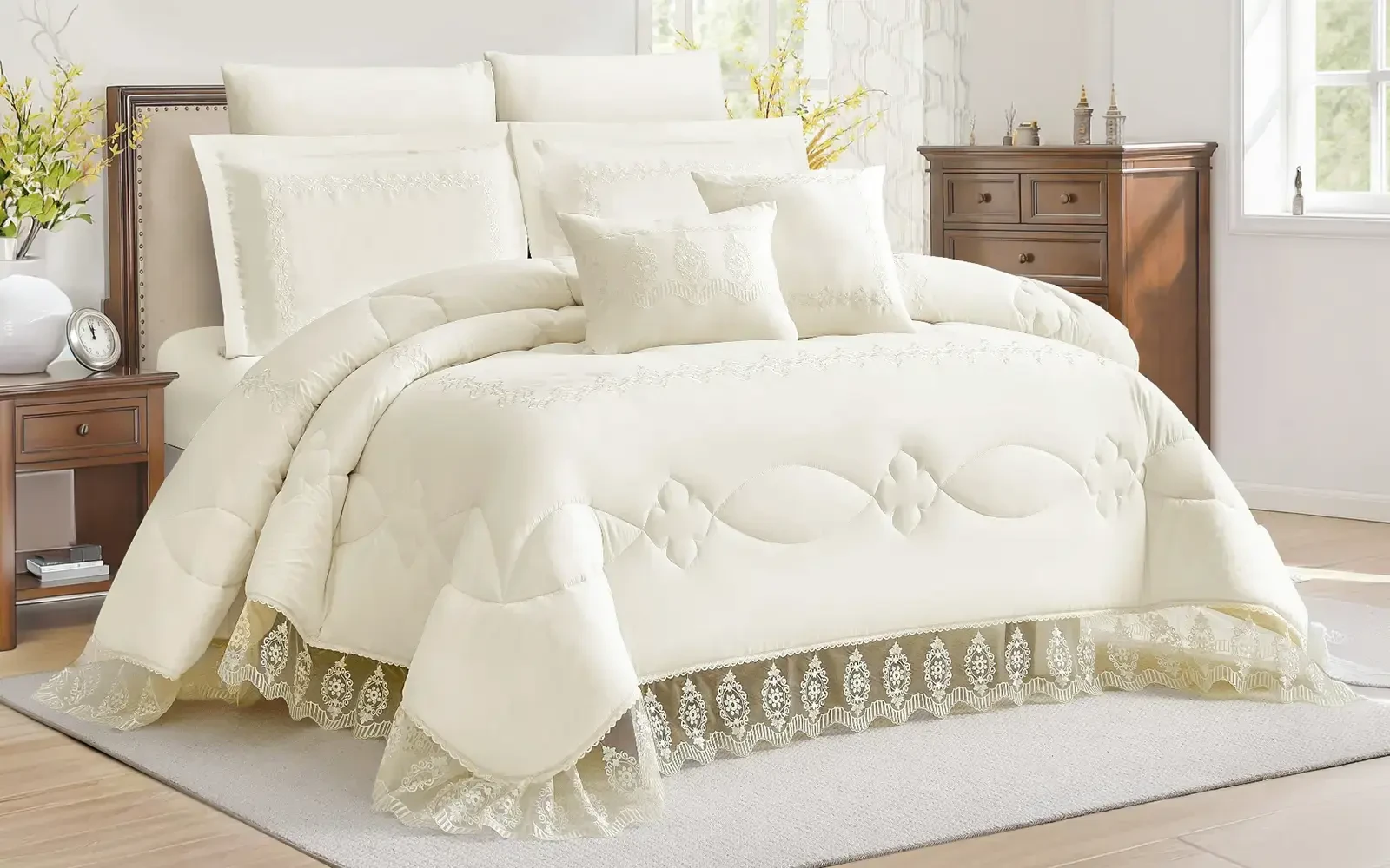 CRV Lace Embroidered Comforter Bedding Set 8 PCS - King Cream