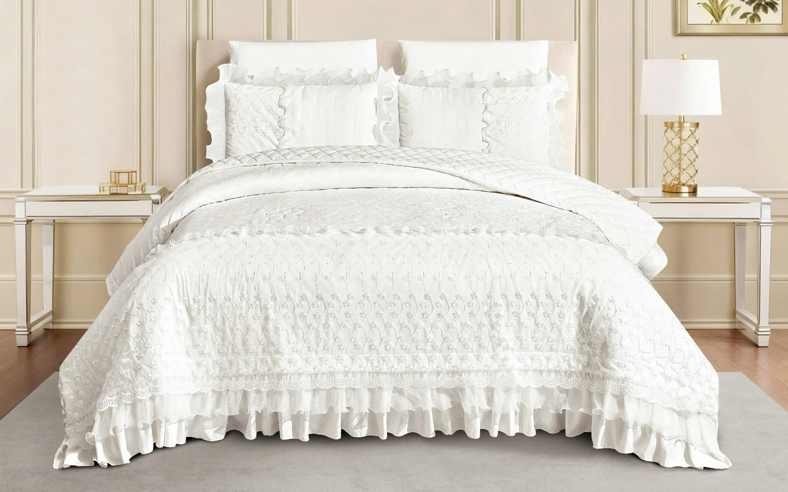 Mustang Jacquard Lace Wedding Bedspread Set Box 6 PCS - King Cream