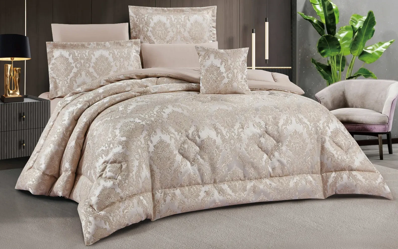 Altima Jacquard Comforter Bedding Set 7 PCS - King Beige