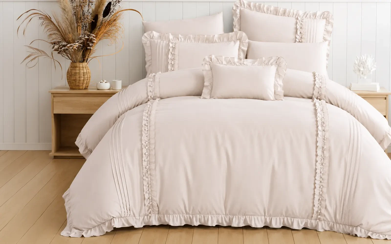 Lavin Lace Comforter Bedding Set 7 PCS - King L.Beige