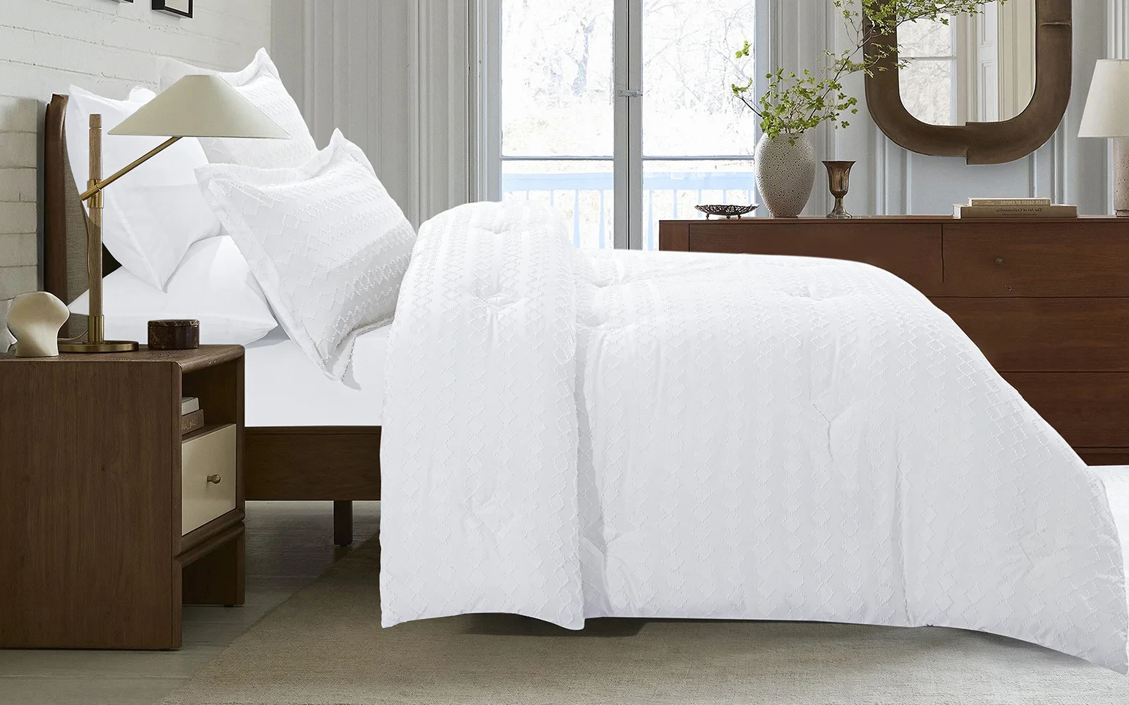 Damask Comforter Bedding Set 6 PCS - Queen White