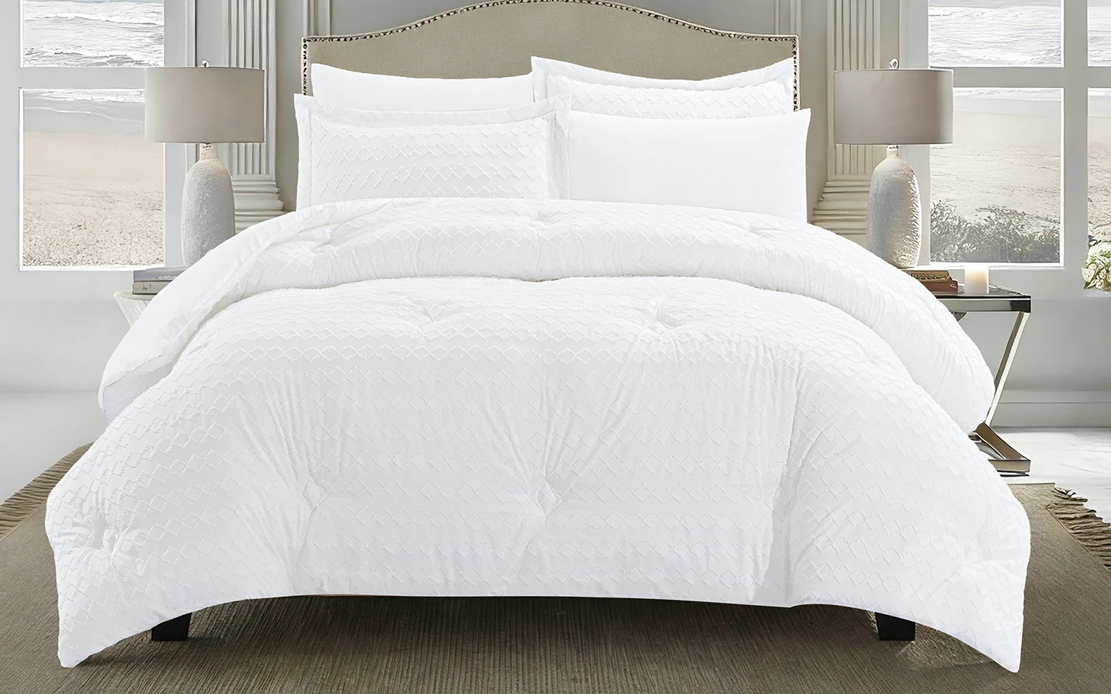 Damask Comforter Bedding Set 6 PCS - Queen White