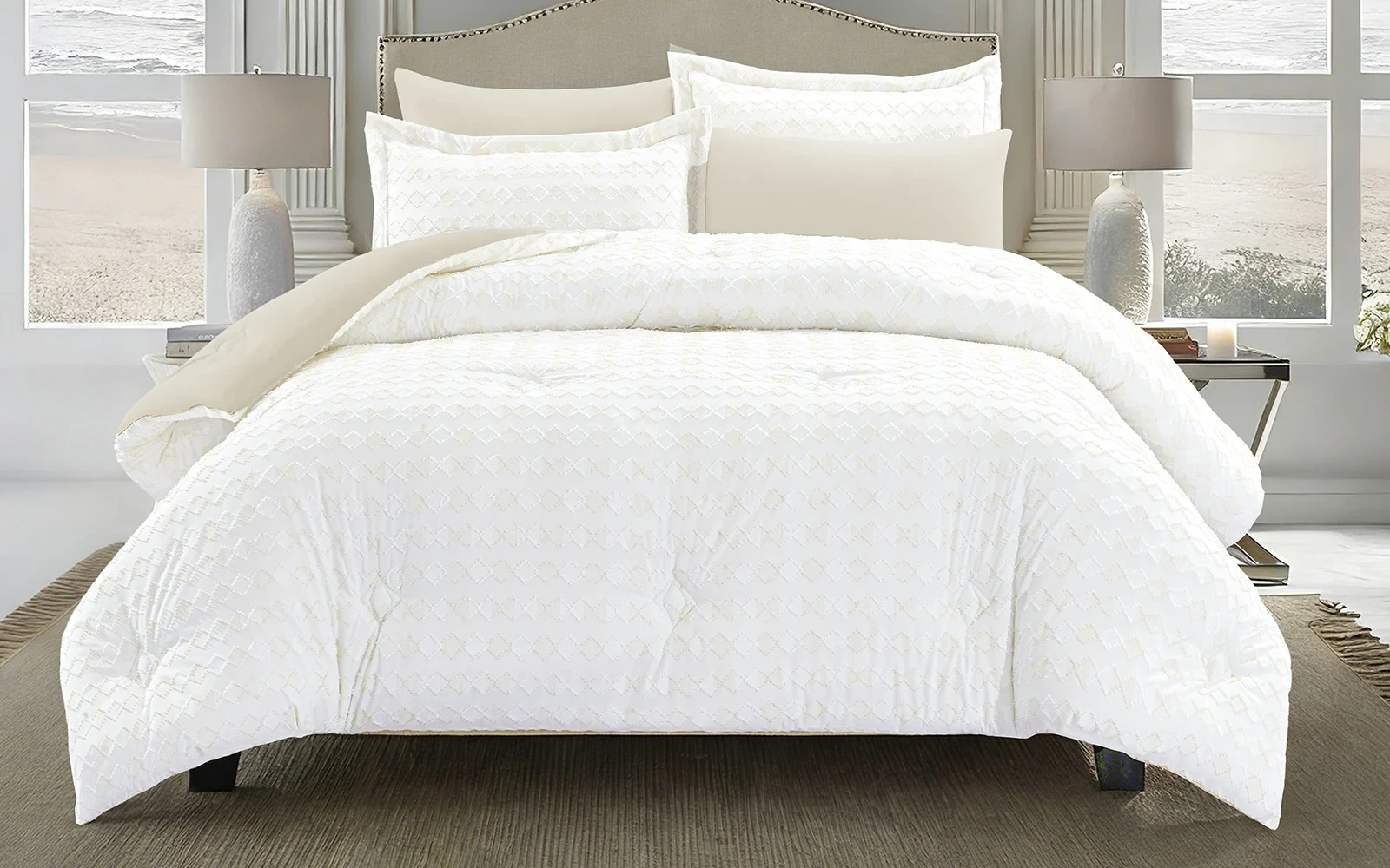 Damask Comforter Bedding Set 6 PCS - Queen White & L.Beige