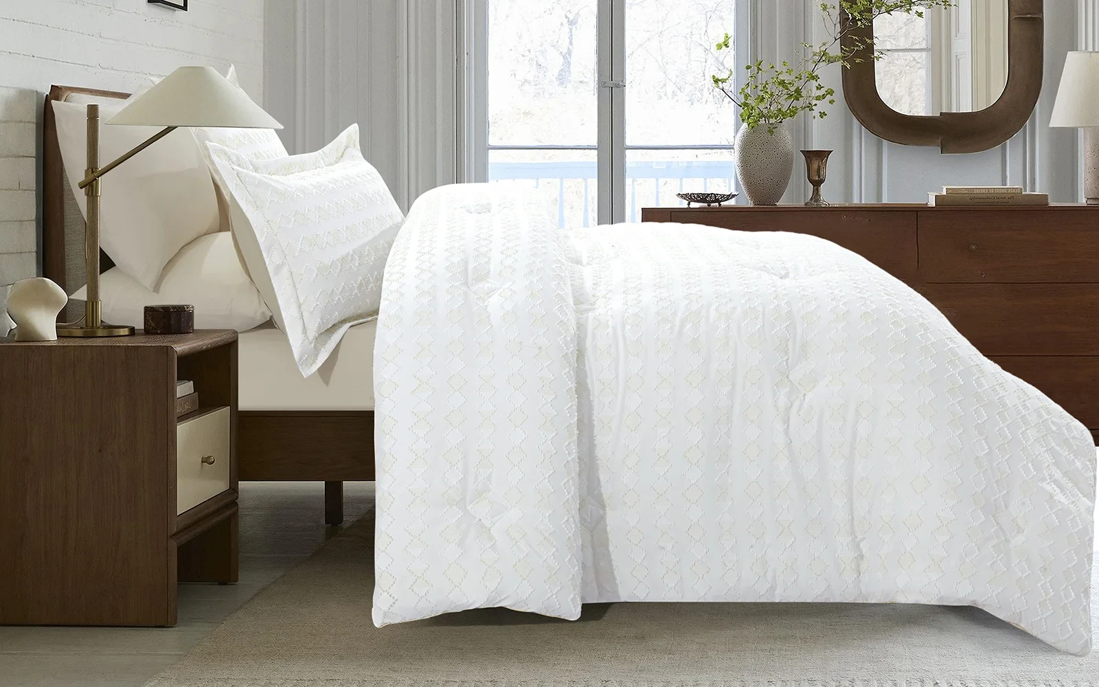 Damask Comforter Bedding Set 6 PCS - Queen White & L.Beige