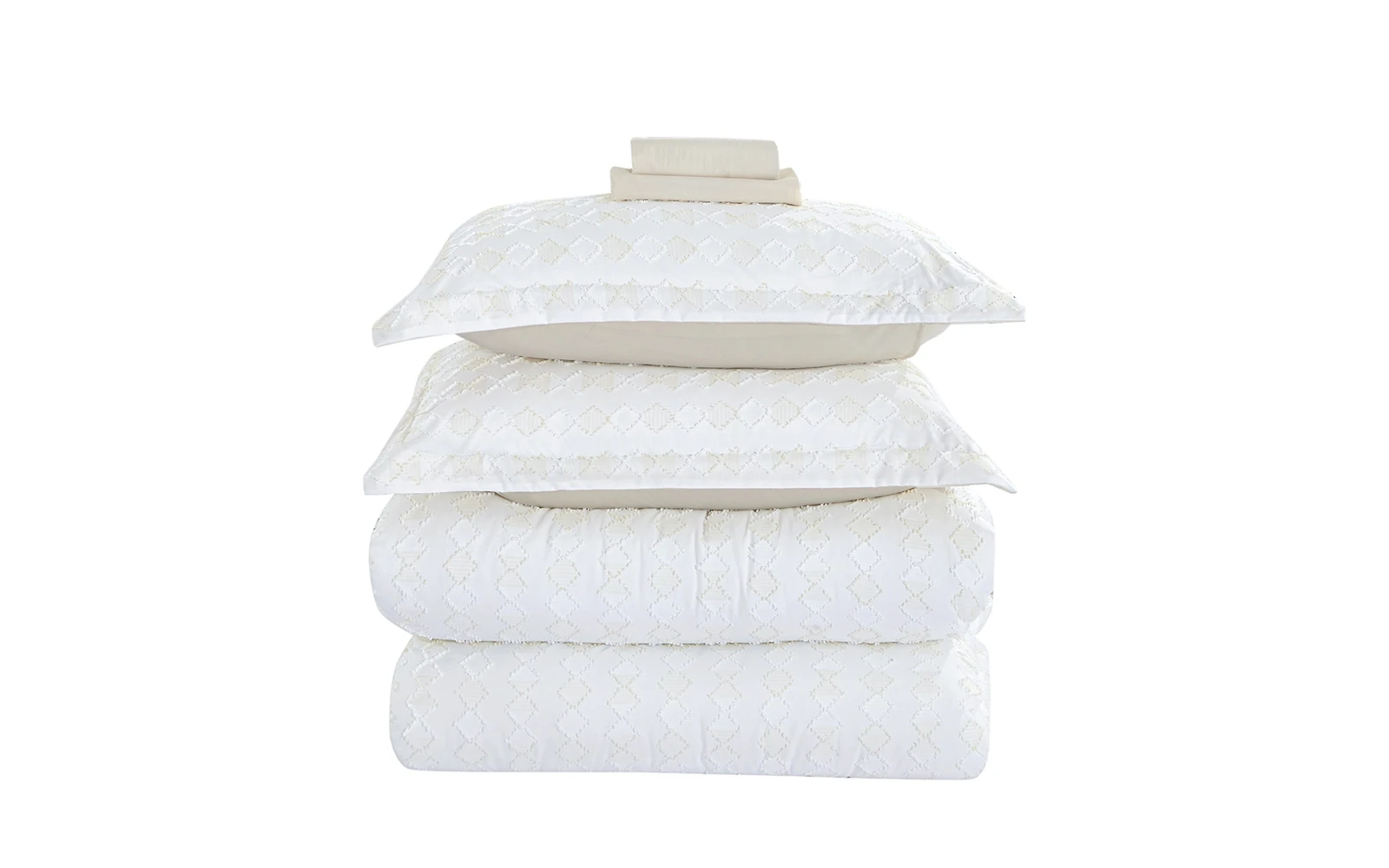 Damask Comforter Bedding Set 6 PCS - Queen White & L.Beige