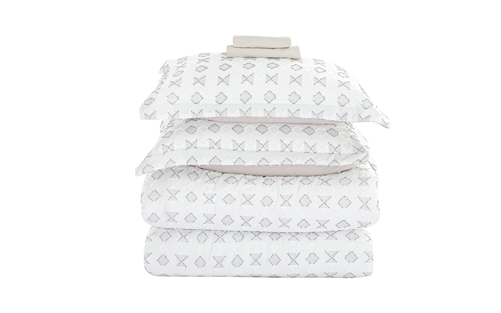 Damask Comforter Bedding Set 6 PCS - Queen White & Beige