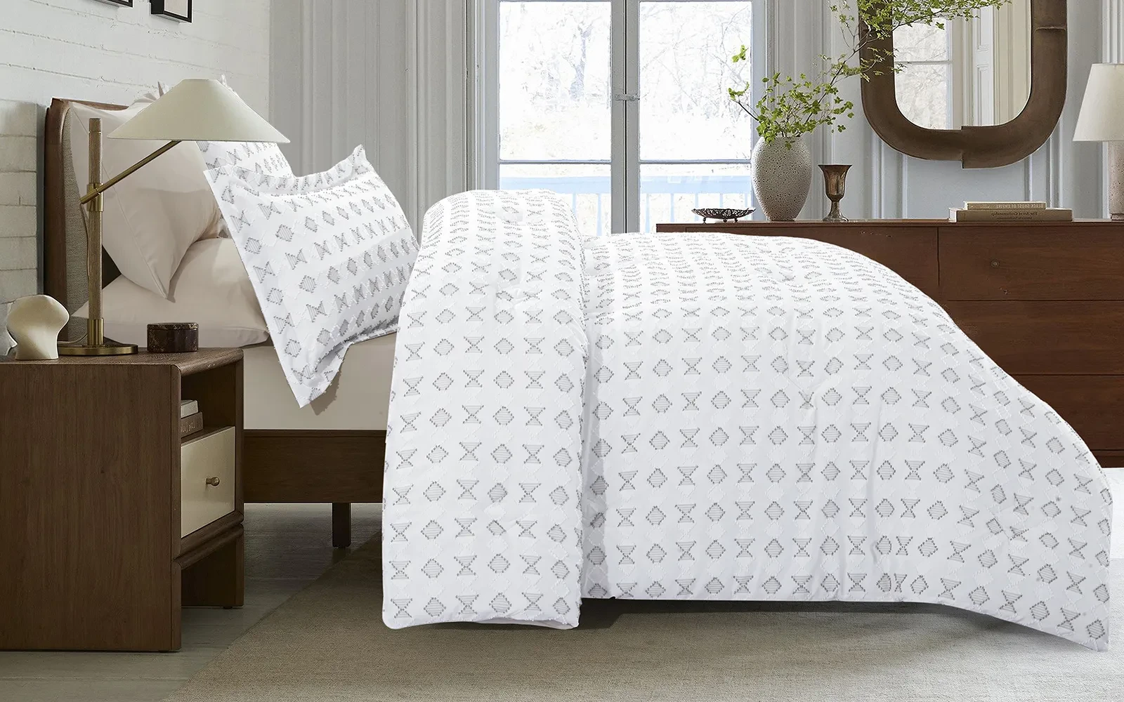 Damask Comforter Bedding Set 6 PCS - Queen White & Beige