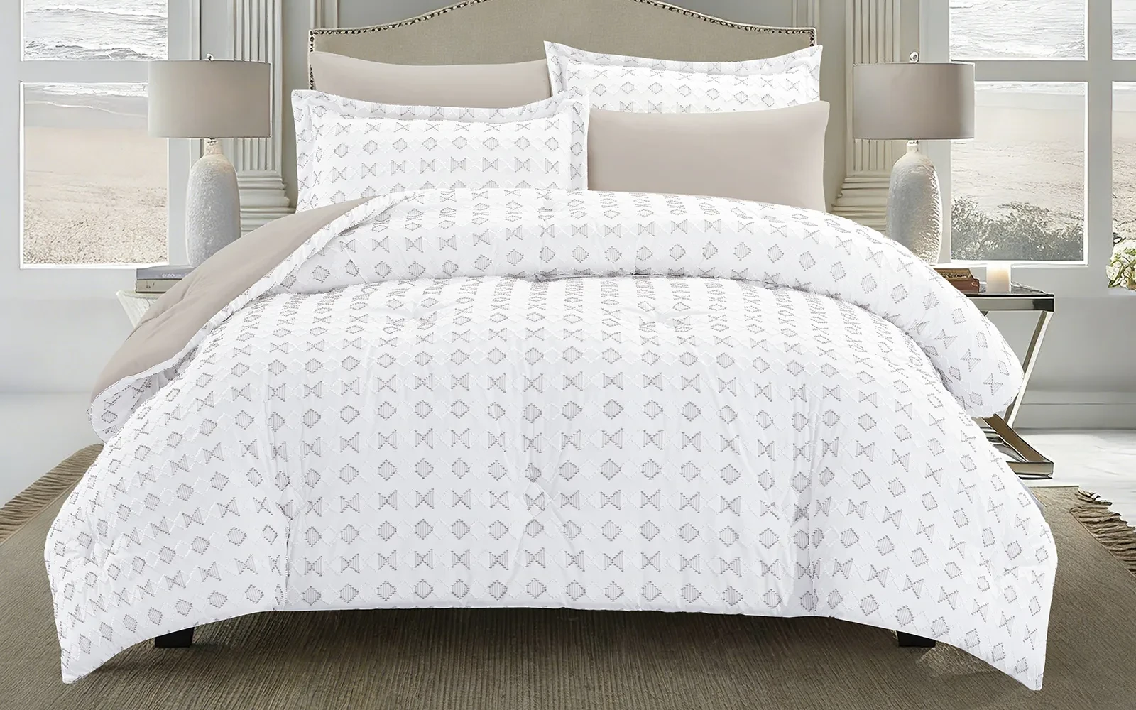 Damask Comforter Bedding Set 6 PCS - Queen White & Beige
