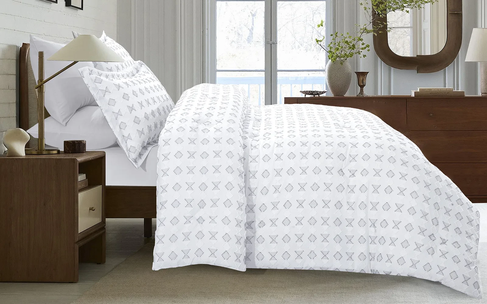 Damask Comforter Bedding Set 6 PCS - Queen White & L.Grey