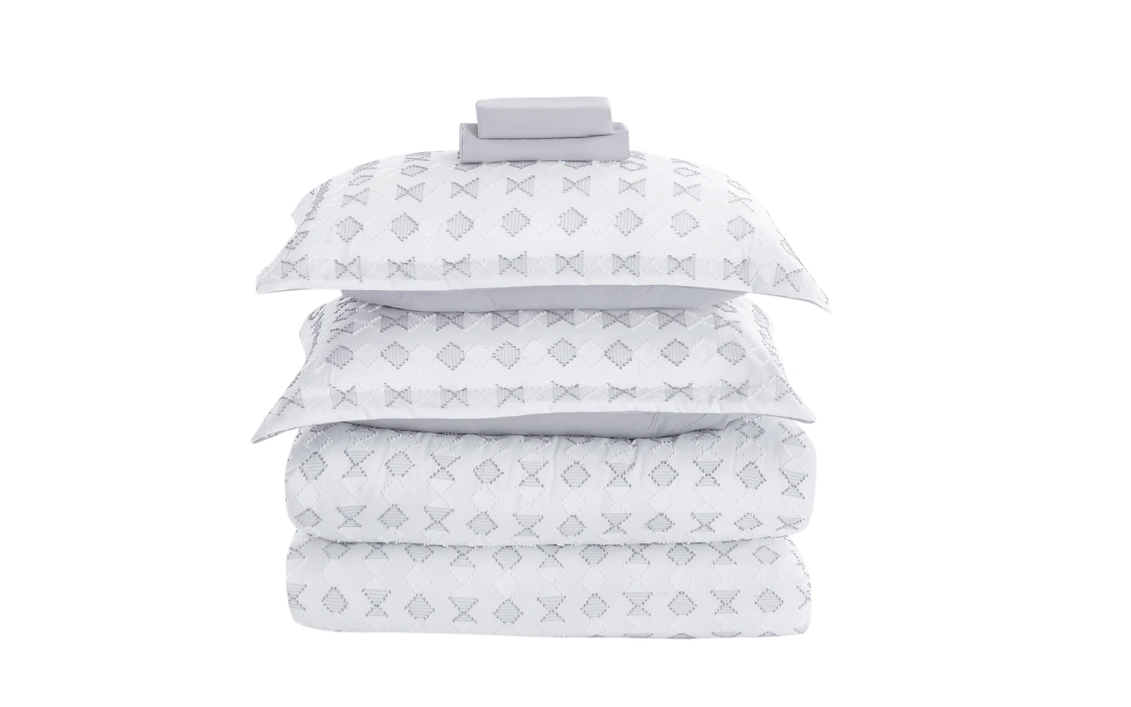 Damask Comforter Bedding Set 6 PCS - Queen White & L.Grey