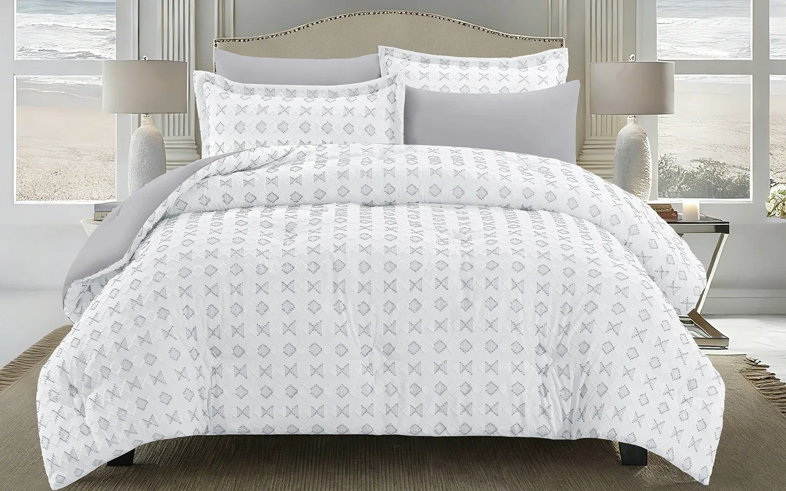 Damask Comforter Bedding Set 6 PCS - Queen White & L.Grey