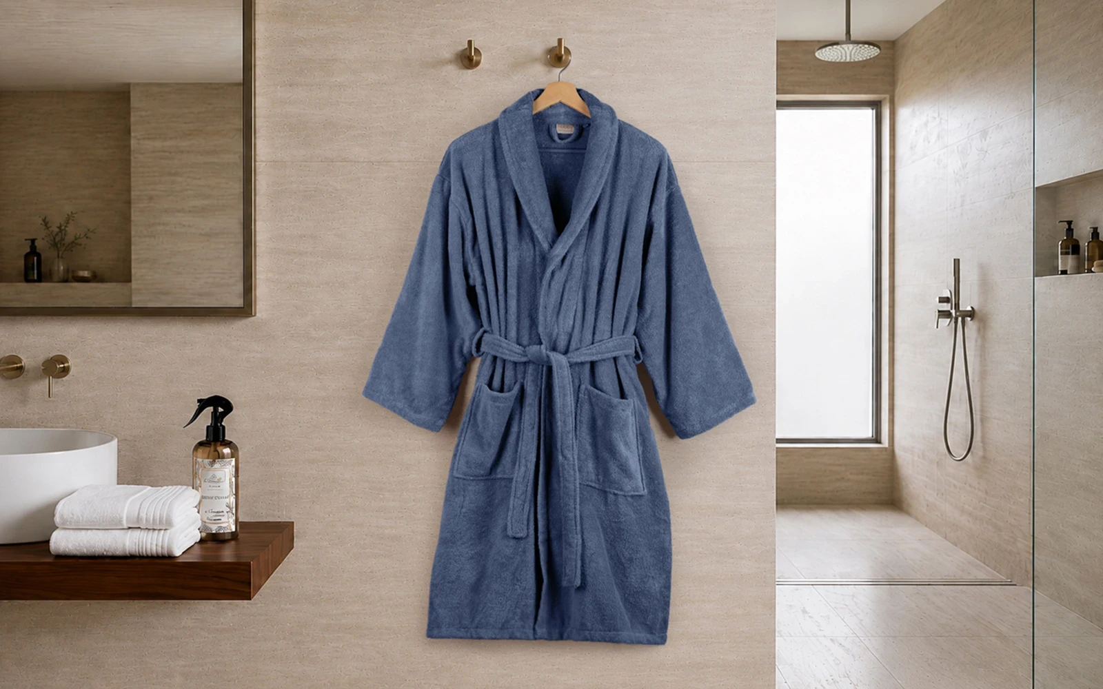 Aria Turkish Unisex Cotton Bathrobe 1 PC - D.Blue ( L / XL )