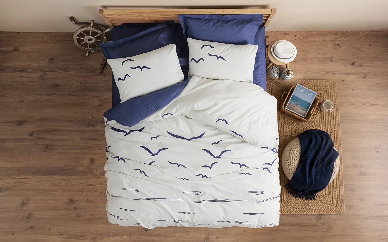 Al Saad Home Turkey Cotton Printed Comforter Bedding Set 6 PCS - King Cream & Navy