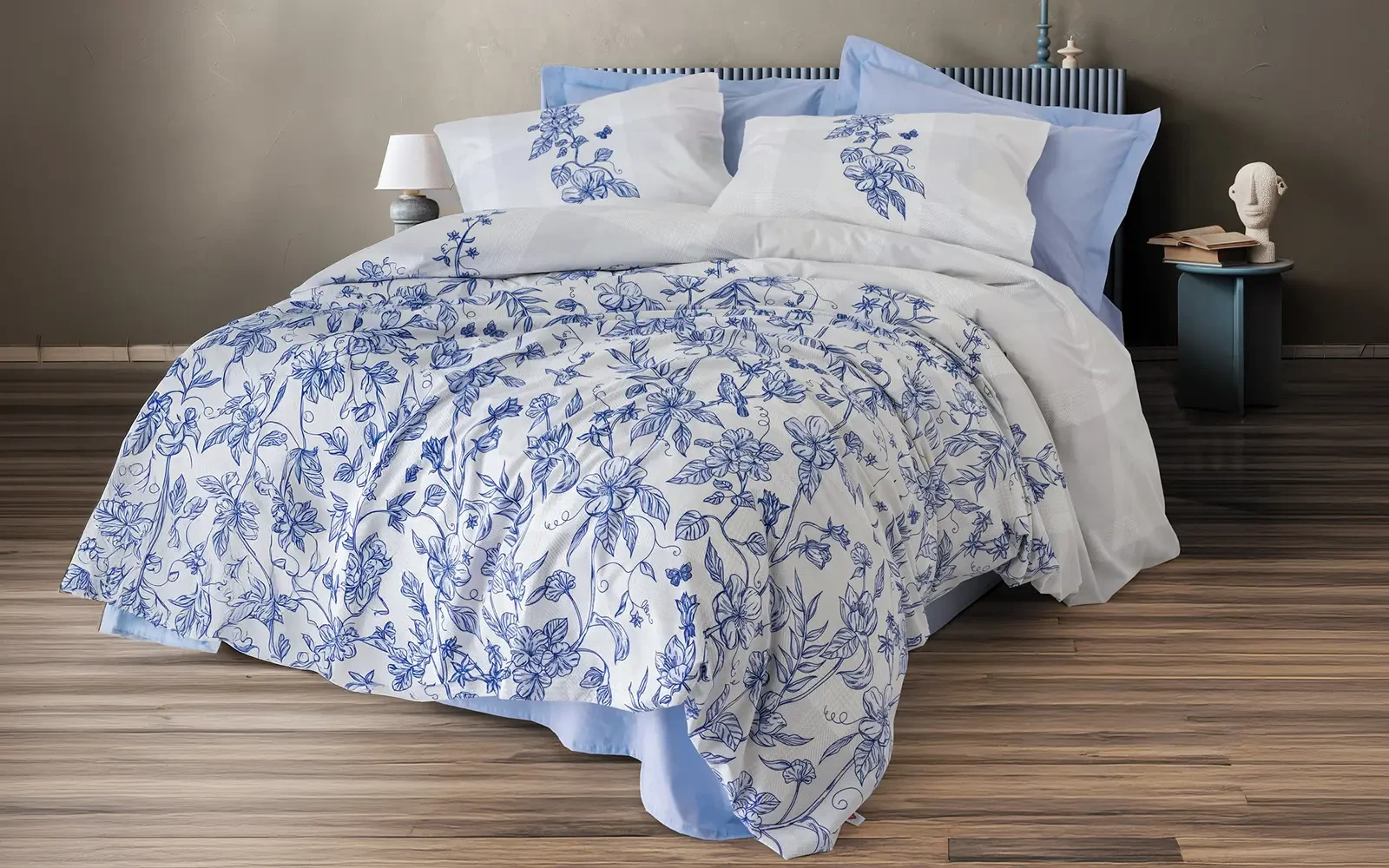 Al Saad Home Turkey Cotton Printed Comforter Bedding Set 4 PCS - Single White & Blue