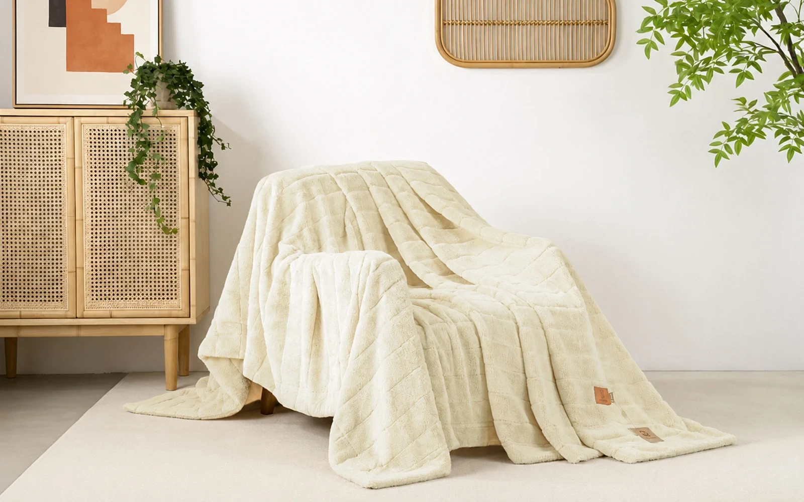 Al Saad Home Stripe Rabbit Fur Blanket - Single Cream