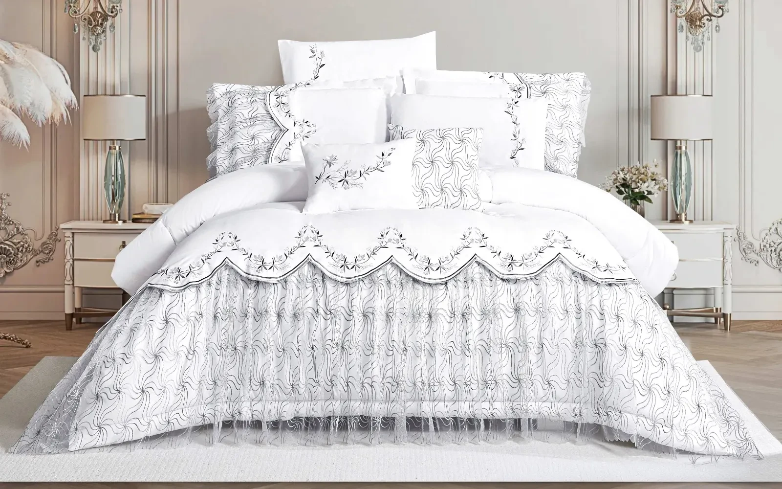  Alfa Romeo Embroidered Lace Comforter Bedding Set 8 PCS - King White