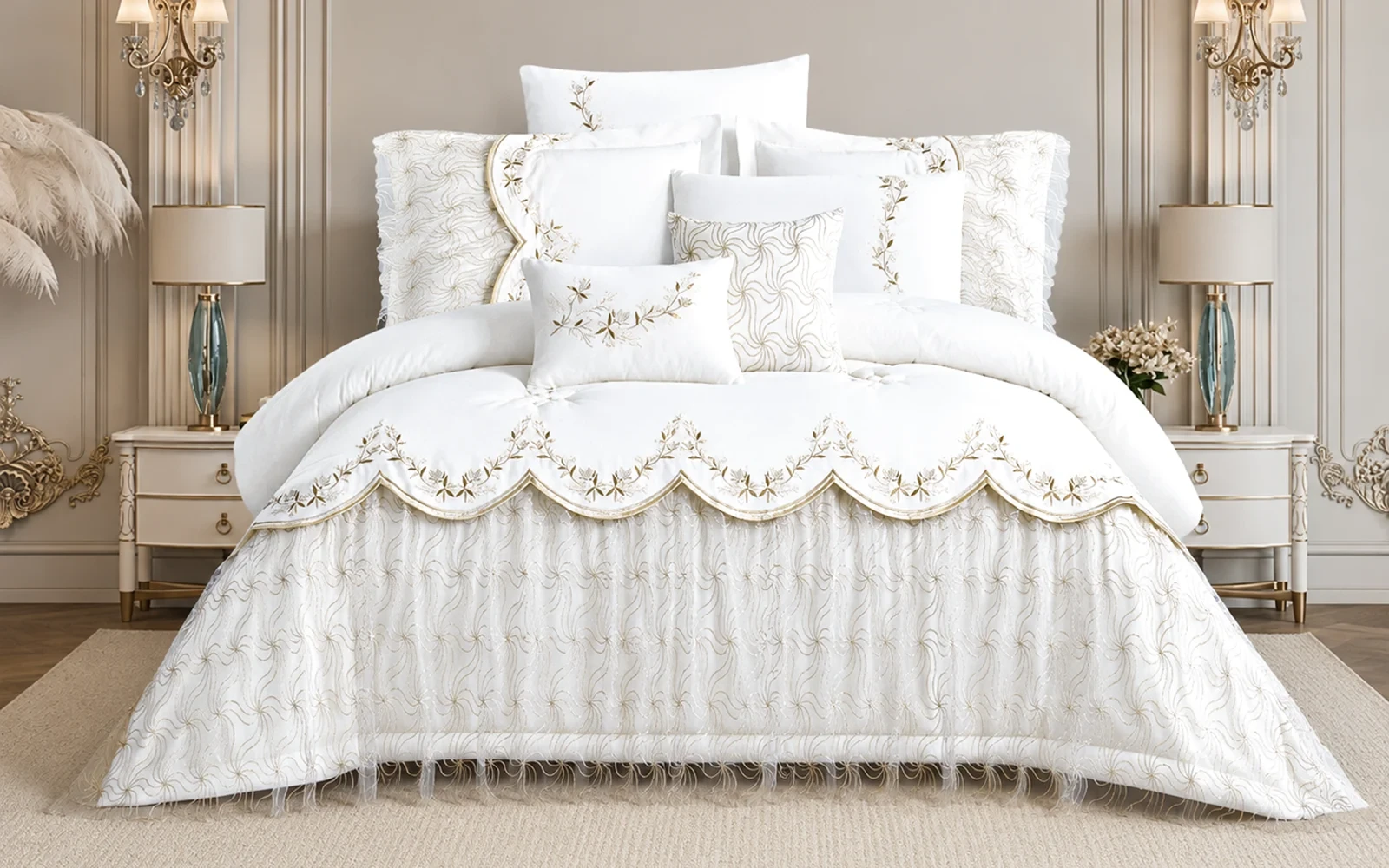  Alfa Romeo Embroidered Lace Comforter Bedding Set 8 PCS - King Off White