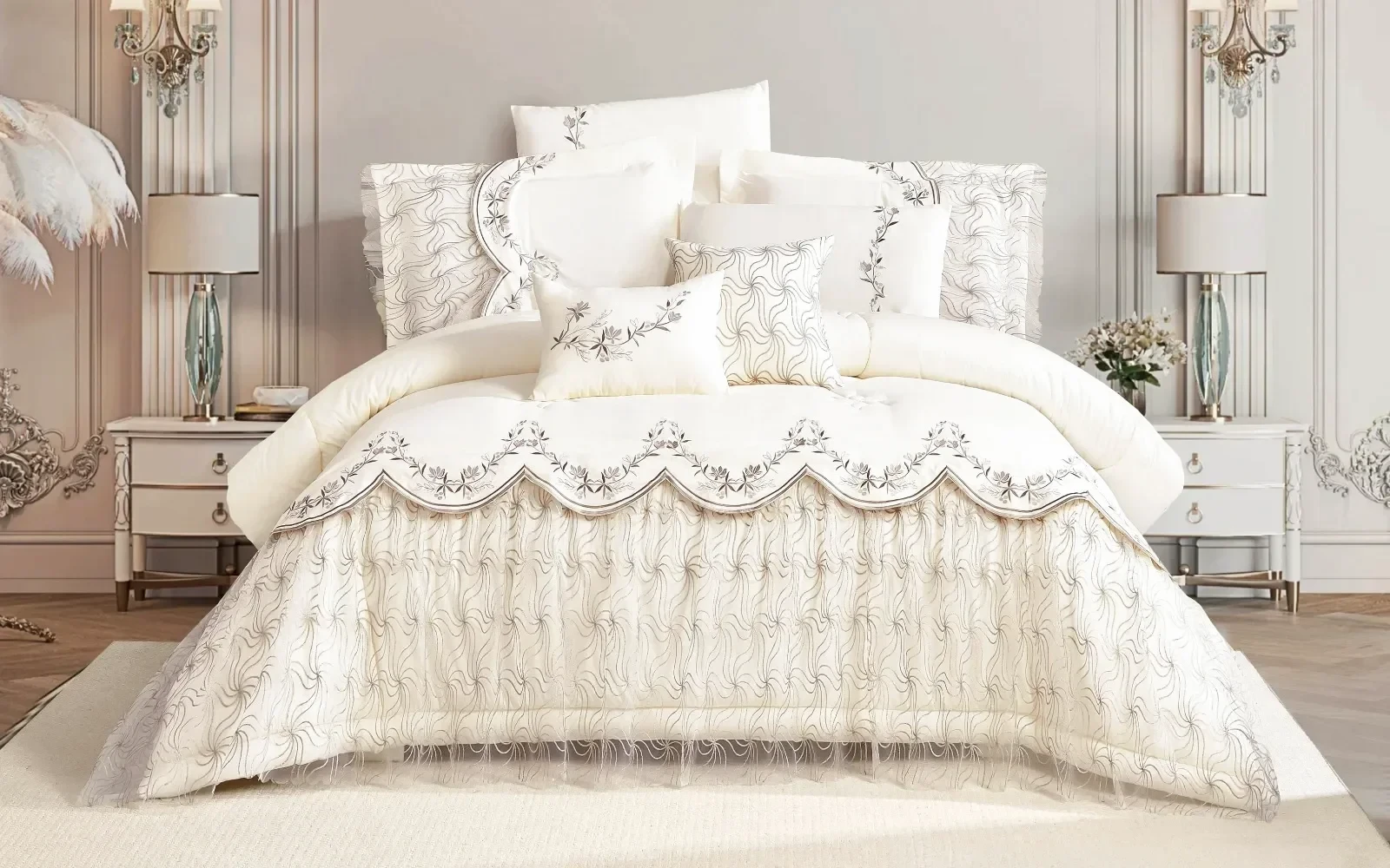  Alfa Romeo Embroidered Lace Comforter Bedding Set 8 PCS - King Cream
