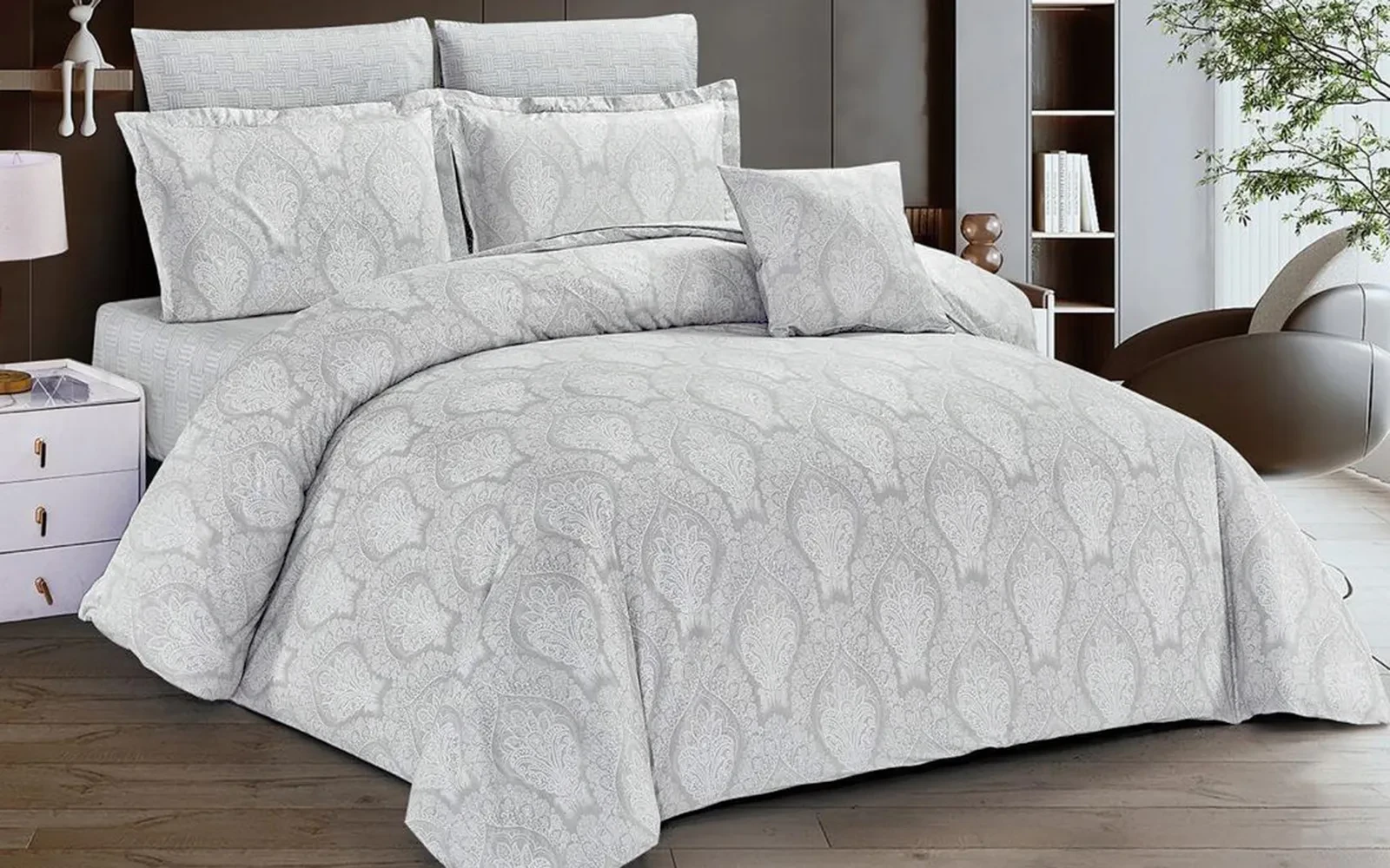 Zamzam Home Printed Comforter Bedding Set 4 PCS - Single L.Grey & Off White