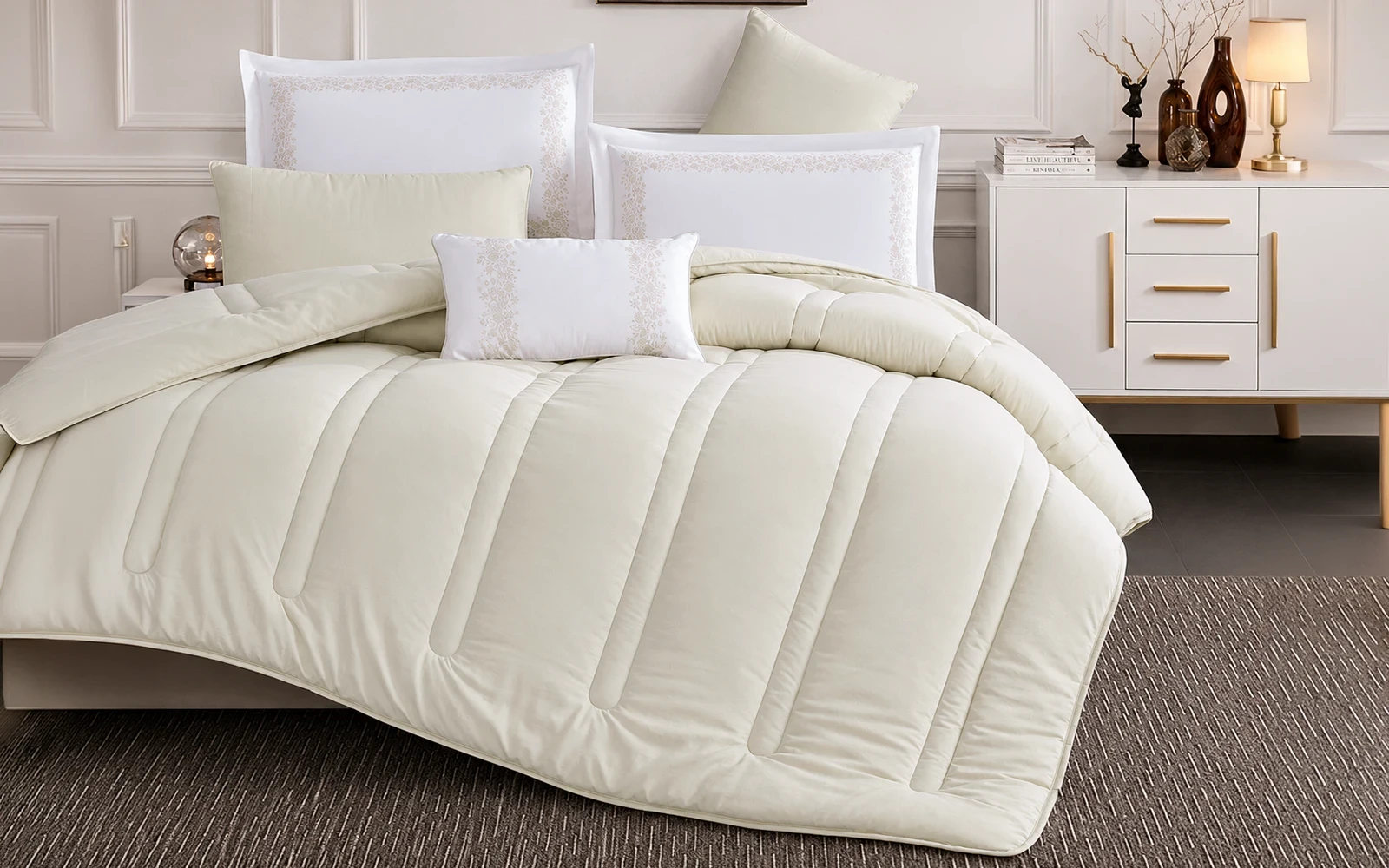 Stark Stripe Comforter Bedding Set 7 PCS - King L.Beige